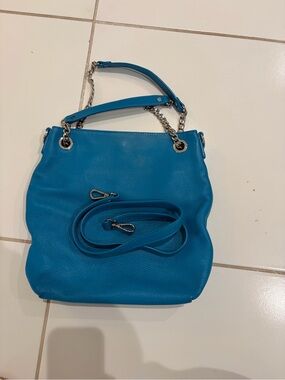 Blue Leather Shoulder Bag with Chain Handles